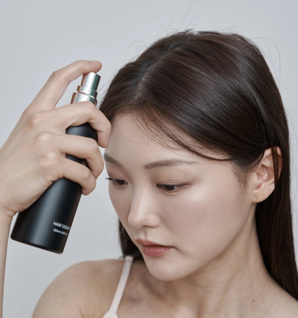 갱년기 두피관리 가르마를 나눠 두피에 토닉을 바르는 모습